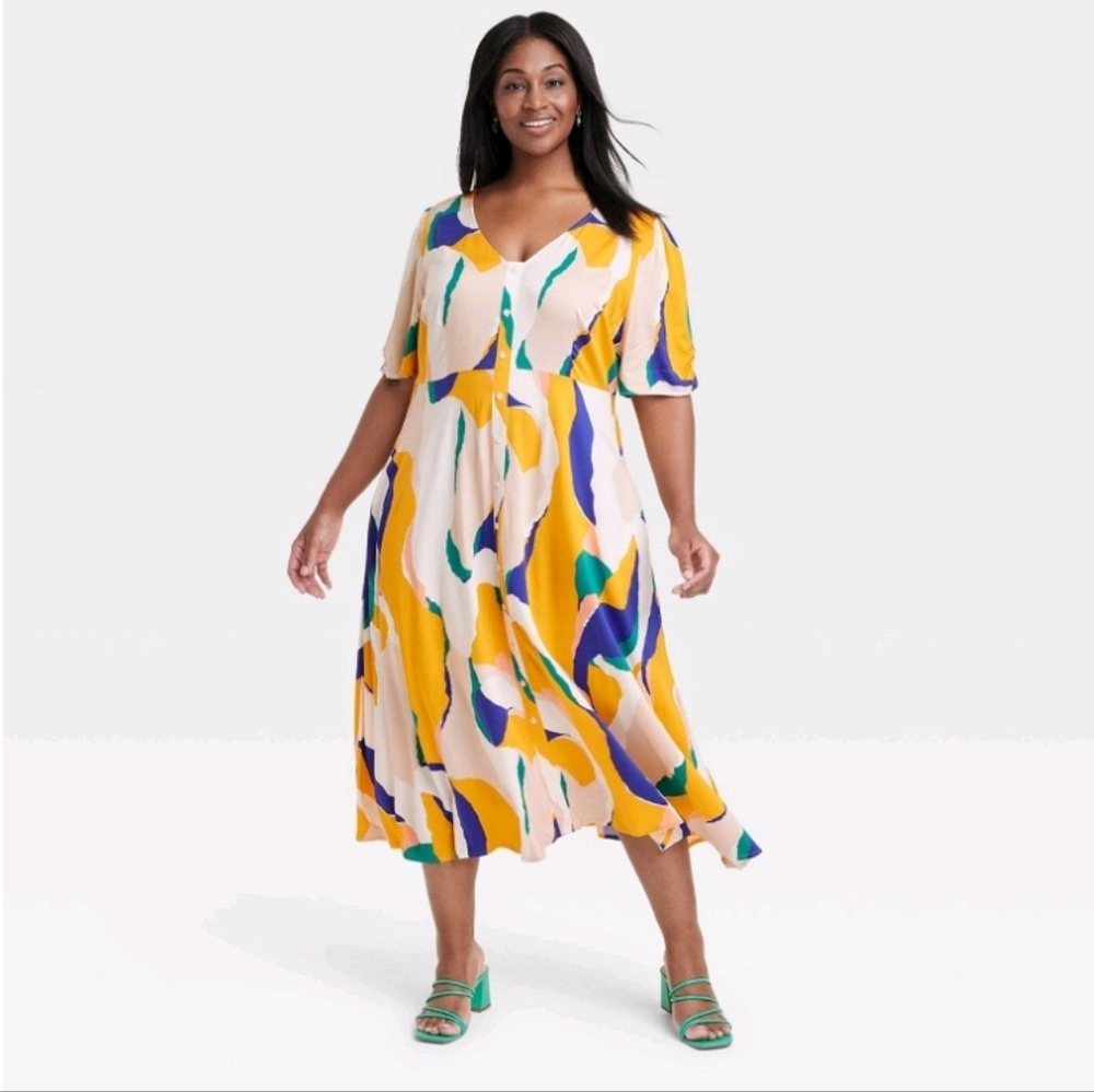 Ava & Viv Women's Short Sleeve Button Front Shirt Dress